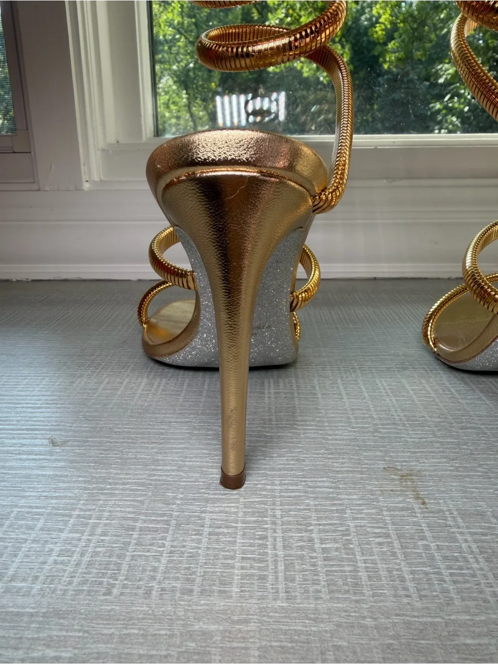 Rene Caovilla Metallic Gold Spiral Ankle-Strap Sandals